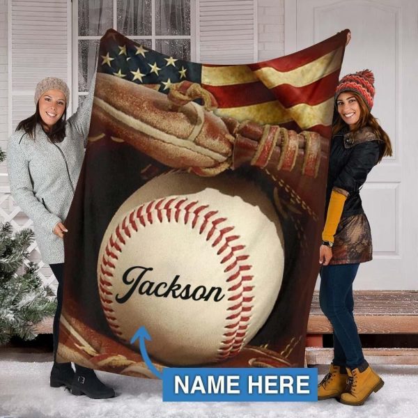 Baseball American Flag Custom Text Name Blanket