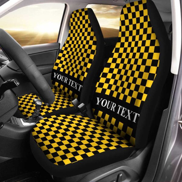 Black Yellow Checkered Personalized Car Seat Covers Custom Name Car Accessories