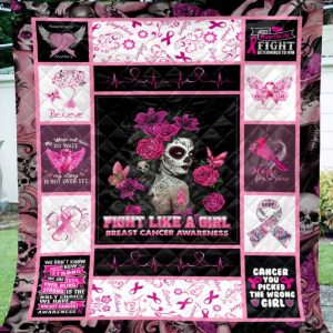 Breast Cancer Awareness Fight Like A Girl Skull Flower Quilt Blanket M506-Hao1