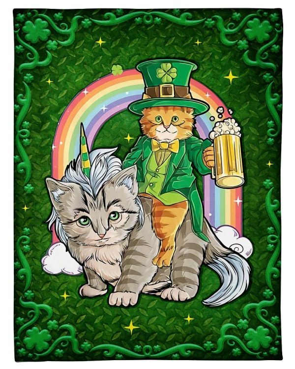 Cat Unicorn With Leprechaun Rainbow Blanket