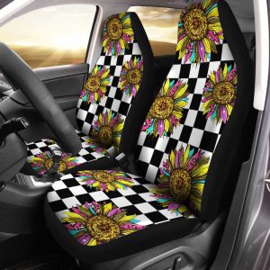 Checkerboard Sunflower Car Seat Covers Custom Leopard Car Interior Accessories