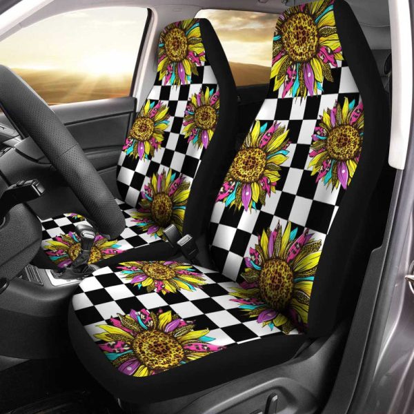 Checkerboard Sunflower Car Seat Covers Custom Leopard Car Interior Accessories