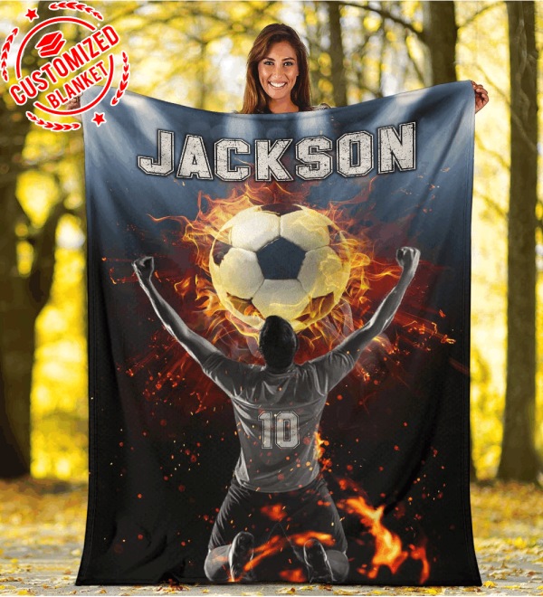 Custom  Soccer Player With Fire Ball Blanket