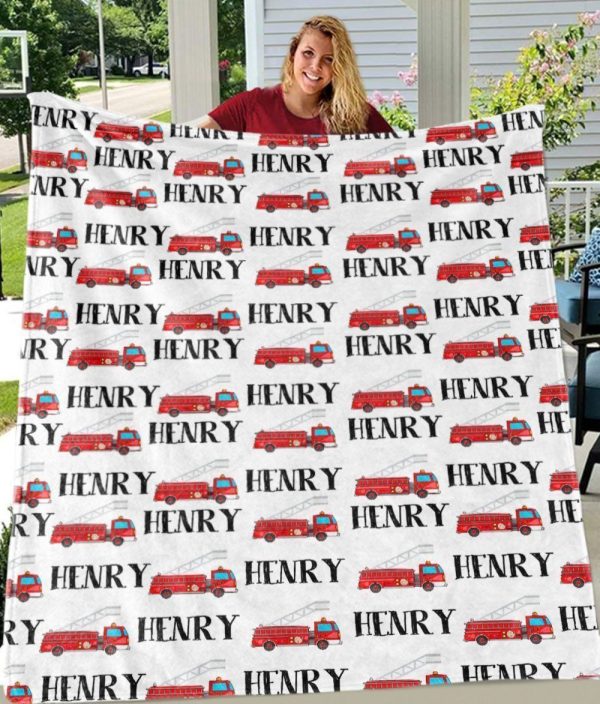 Custom Text Name Fire Truck Blanket