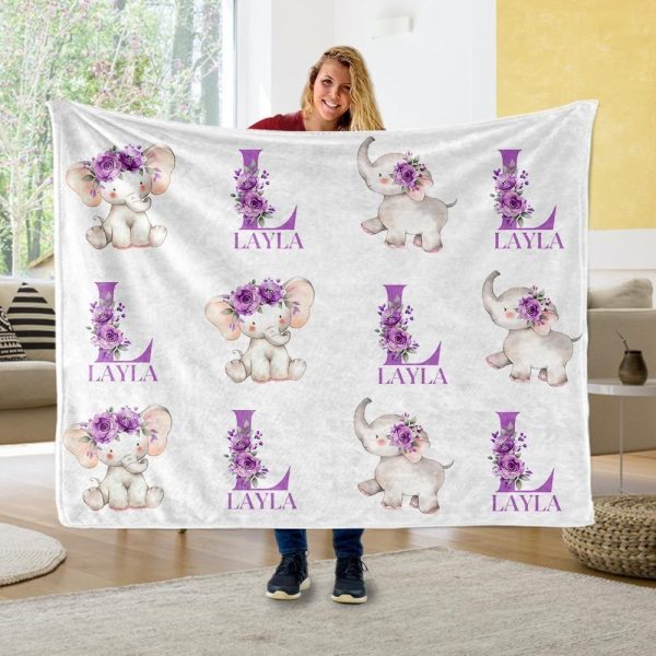 Cute Floral Elephant Custom Text Name Blanket