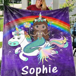 Cute Mermaid Rainbow Unicorn Custom Text Name Blanket