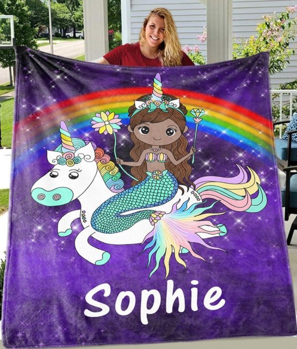 Cute Mermaid Rainbow Unicorn Custom Text Name Blanket