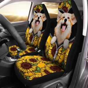 Cute Sunflower Corgi Car Seat Covers Custom Car Accessories For Corgi Onwers