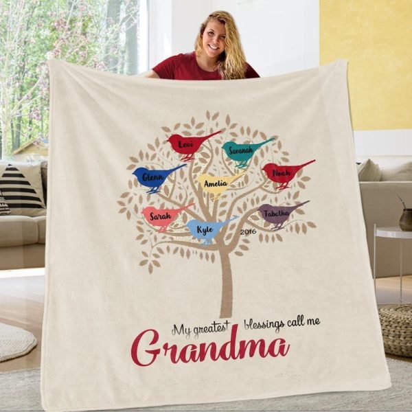 Family Tree Birds Grandma Custom Text Name Printed Blanket