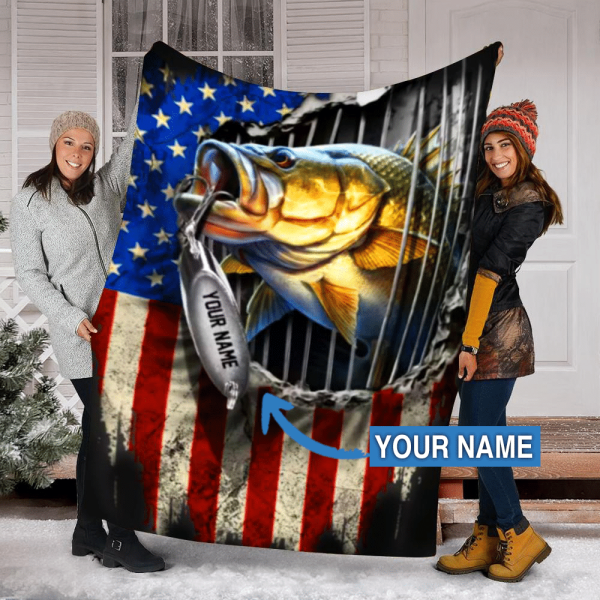 Fishing Gifts American Flag Custom Text Name Blanket