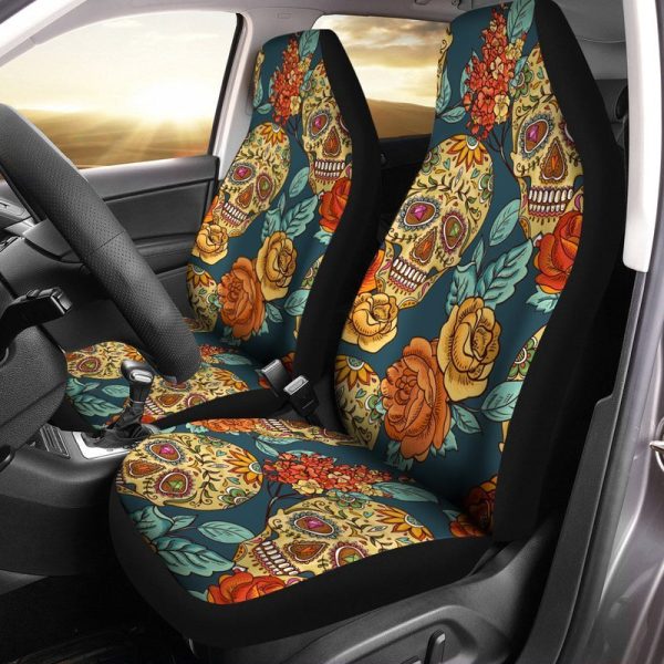 Floral Sugar Skull Car Seat Covers Custom Vintage Style Car Accessories