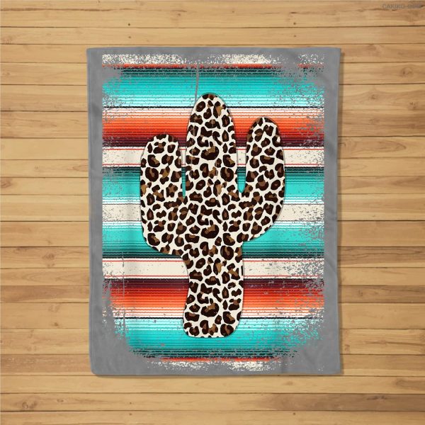 Funny Leopard Cactus Serape Cactus Print Turquoise Fleece Blanket