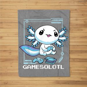 Gamesolotl Gamer Axolotl Fish Playing Video Games Lizard Fleece Blanket