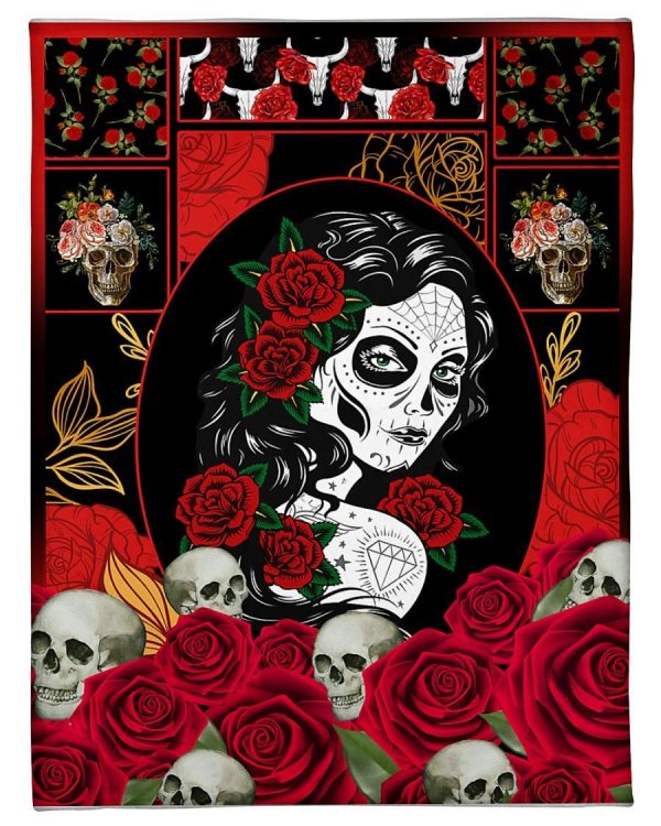 Girl Skull Red Rose Blanket