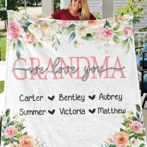 Grandma Gift Pink White Floral Custom Text Name Blanket