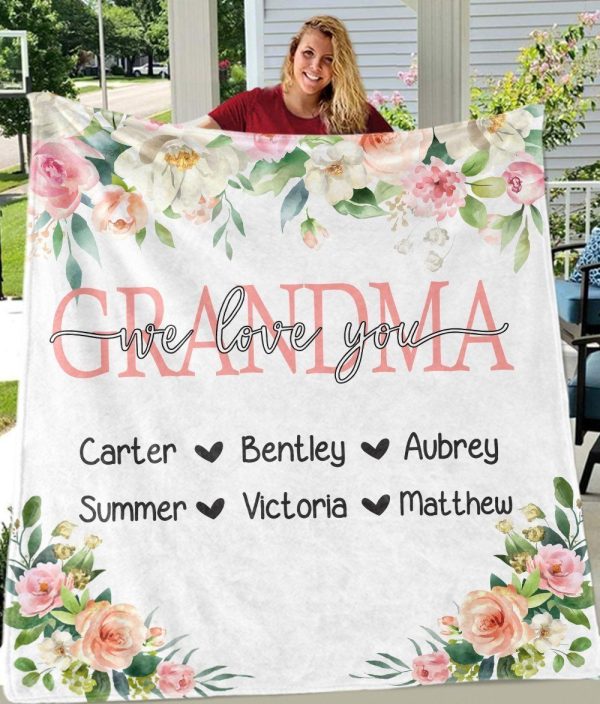 Grandma Gift Pink White Floral Custom Text Name Blanket