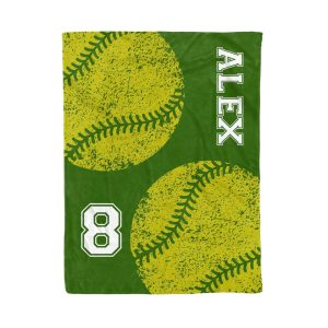 Green Softball Custom Text Name Number Blanket