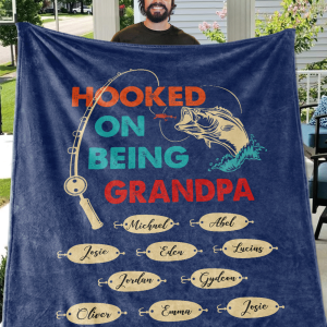 Hooked On Being Grandpa Name Custom Text Printed Blanket