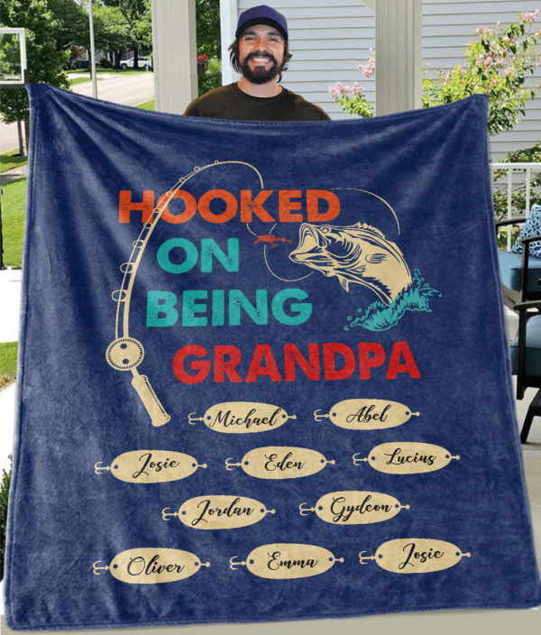 Hooked On Being Grandpa Name Custom Text Printed Blanket