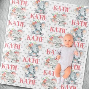 Katie Floral Elephant Name Custom Text Printed Blanket