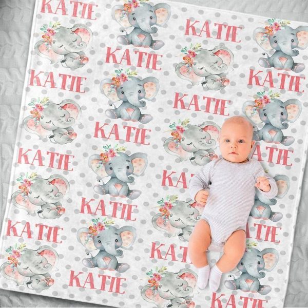 Katie Floral Elephant Name Custom Text Printed Blanket