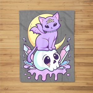 Kawaii Pastel Goth Cute Creepy Witchy Cat And Skull Fleece Blanket