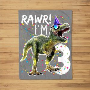 Kids Rawr I’M 3 3Rd Birthday T Rex Dinosaur Party Gift For Boys Fleece Blanket