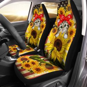 Kitty Cat Car Seat Covers Custom Sunflower US Flag Car Accessories