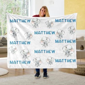 Matthew Baby Elephant CCustom Text Name Blanket