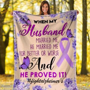 My Husband Alzheimers Awareness Purple Ribbon Butterfly Flower Blanket