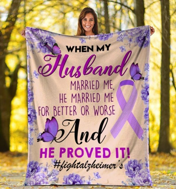 My Husband Alzheimers Awareness Purple Ribbon Butterfly Flower Blanket