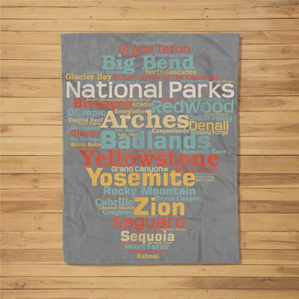 National Parks List Word Cloud Camping Hiking Men Women Kids Fleece Blanket