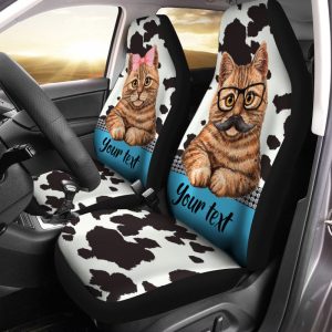 Personalized Couple Cat Car Seat Covers Custom Cow Dairy Pattern Car Accessories For Couple