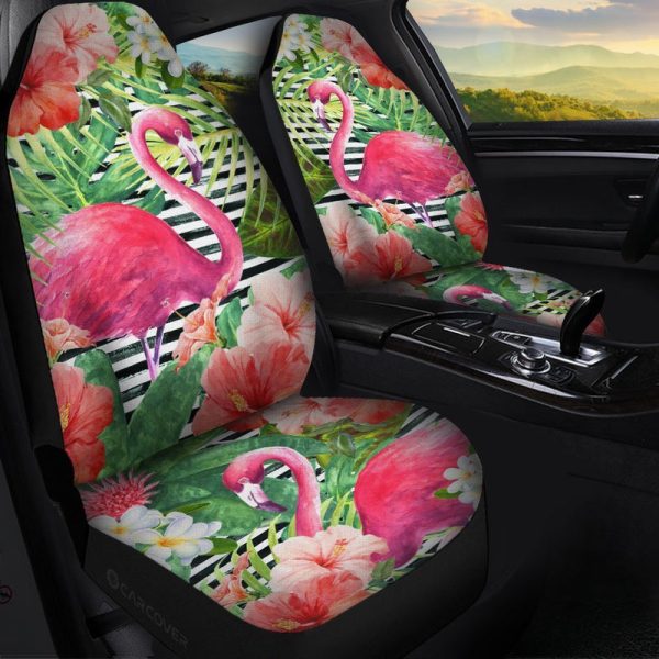 Pink Flamingo Car Seat Covers Custom Tropical Leaves Hibiscus Flower Car Interior Accessories