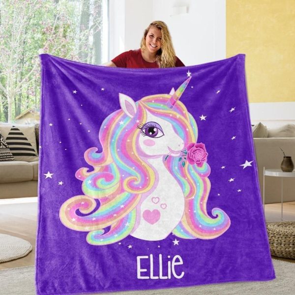 Purple Magical Unicorn Custom Text Name Blanket