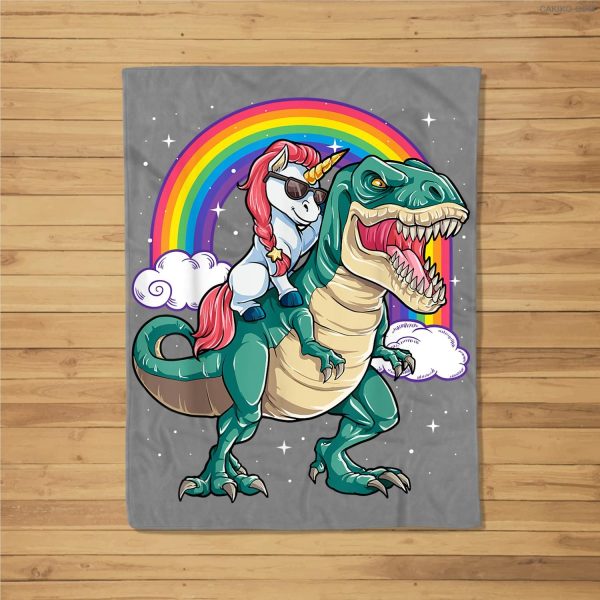 Unicorn Riding T Rex Dinosaur Boys Girls Kids Gift Men Women Fleece Blanket